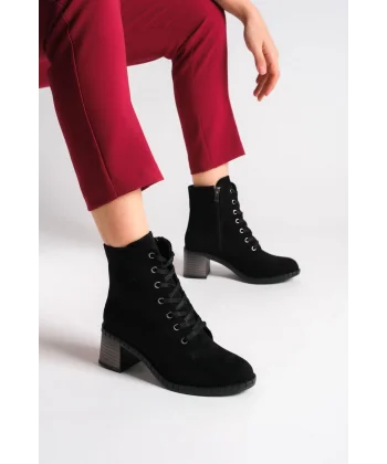 DIANA Bağcıklı Fermuarlı Ortopedik Taban Topuklu Süet Kadın Bot  SST - Siyah