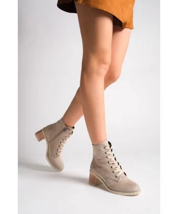 DIANA Bağcıklı Fermuarlı Ortopedik Taban Topuklu Süet Kadın Bot STT - Ten