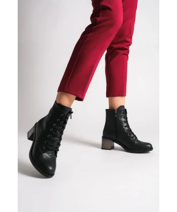 DIANA Bağcıklı Fermuarlı Ortopedik Taban Topuklu Kadın Bot CST - Siyah