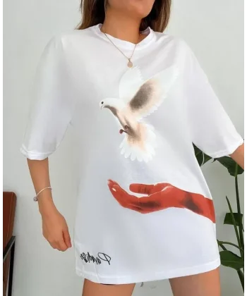 Dijital Baskılı T-Shirt - Beyaz