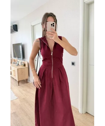 Dik Yuvarlak Yaka Önden Fermuarlı Sifir Kol Beli Oturtmalı Kolsuz Cepli Çan Etekli Uzun Elbise - Bordo