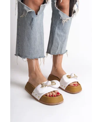 DILA Kalın ve Ortopedik Taban Ayıcıklı Saten Kadın Terlik  SKT - Beyaz