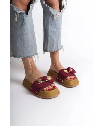 DILA Kalın ve Ortopedik Taban Ayıcıklı Saten Kadın Terlik  SKT - Bordo