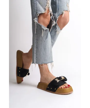 DILA Kalın ve Ortopedik Taban Ayıcıklı Saten Kadın Terlik  SKT - Siyah