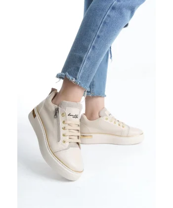 DINA Bağcıklı Fermuarlı Ortopedik Taban Kadın Sneaker Spor Ayakkabı  CKT - Krem/Altın
