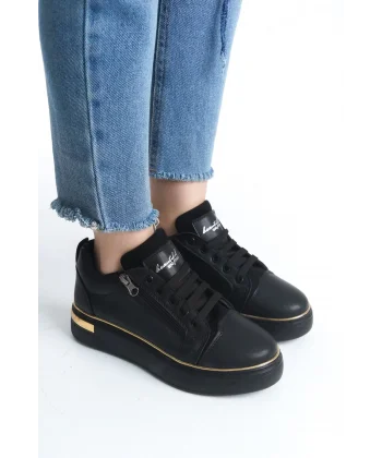 DINA Bağcıklı Fermuarlı Ortopedik Taban Kadın Sneaker Spor Ayakkabı  CST - Siyah/Altın