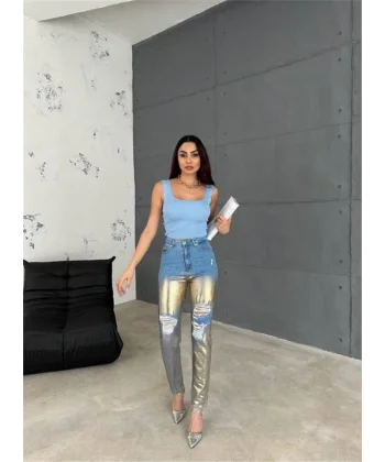 DİZ YIRTIK VARAKLI MOM KOT PANTOLON - Gold