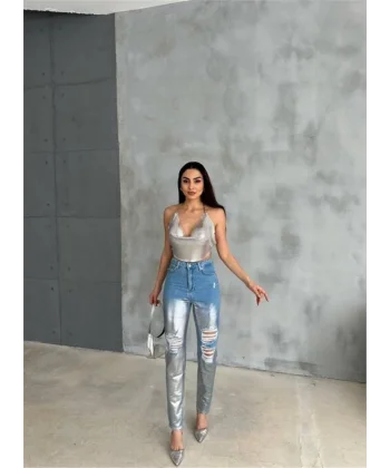 DİZ YIRTIK VARAKLI MOM KOT PANTOLON  Gümüş