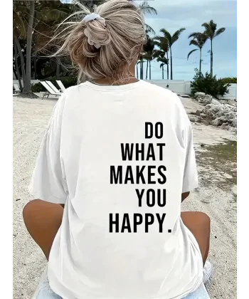 Do What Makes You Happy Unisex Linemen Oversize Baskılı T-shirt - Beyaz