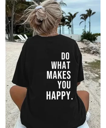 Do What Makes You Happy Unisex Linemen Oversize Baskılı T-shirt - Siyah