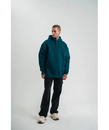 Double Oversize Kapşonlu Nakışlı SweatShirt - Koyu Deniz Yeşili