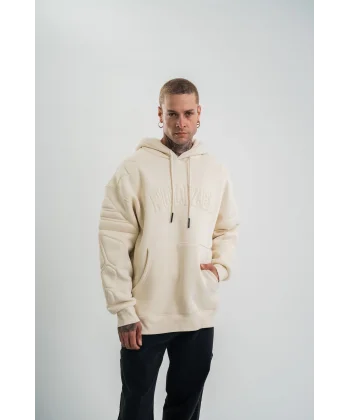 Double Oversize Kapşonlu Nakışlı SweatShirt - Krem