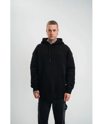Double Oversize Kapşonlu Nakışlı SweatShirt - Siyah