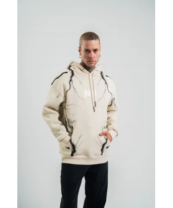 Double Oversize Kapşonlu Şimşek Pano Baskılı SweatShirt - Krem