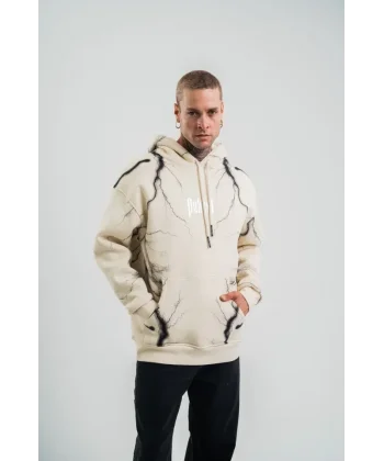 Double Oversize Kapşonlu Şimşek Pano Baskılı SweatShirt - Krem
