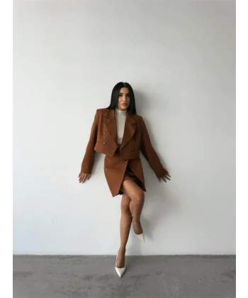 DÜĞE DETAYI ETEK  CROP CEKET TAKI  Kahverengi