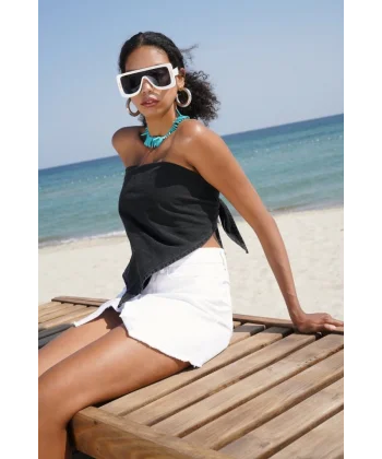 Düğme Detay Asimetrik Denim Etek