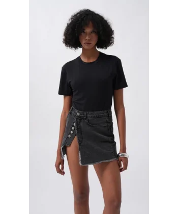 Düğme Detay Asimetrik Denim Etek