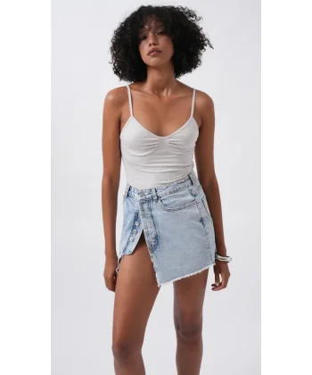 Düğme Detay Asimetrik Denim Etek