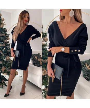 Düğme Detay Kuşaklı Yırtmaçlı Kruvaze Yaka Elbise