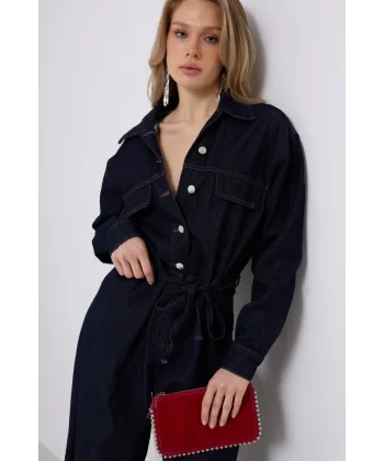 Düğme Detaylı Denim Tulum