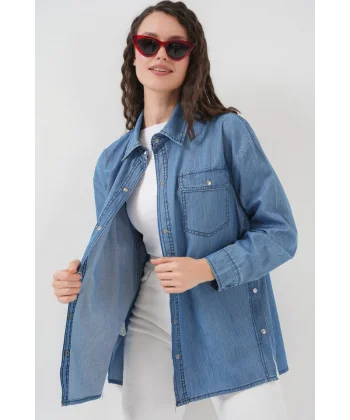 Düğme Detaylı Kot Gömlek 20299  Mavi