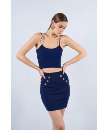 Düğmeli Bekletmeli Kalem Etek  Açık Lacivert
