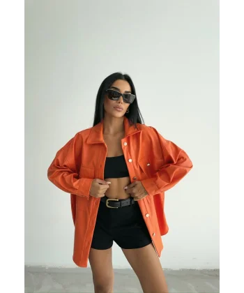 DÜĞMELİ DERİ GÖMLEK BOYFRİEND - Turuncu
