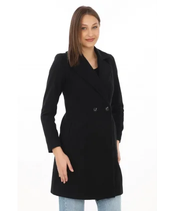 Düğmeli İçi Astarlı Kadın Kaşmir Kaşe Kaban - Siyah