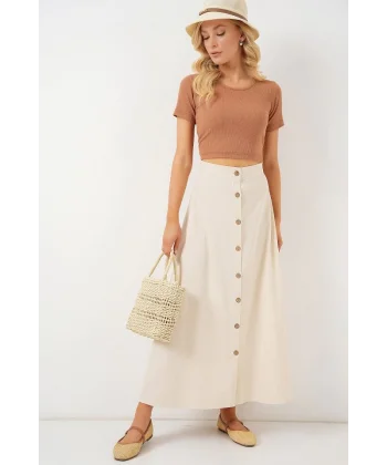Düğmeli Keten Uzun Etek 8046 - Krem