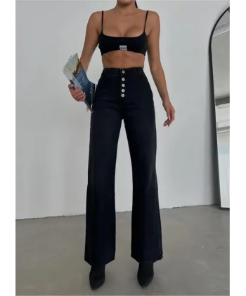 DÜĞMELİ KOT PANTOLON - Siyah