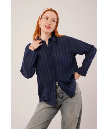 Düğmeli Ve Çizgi Detaylı acivert Gömlek