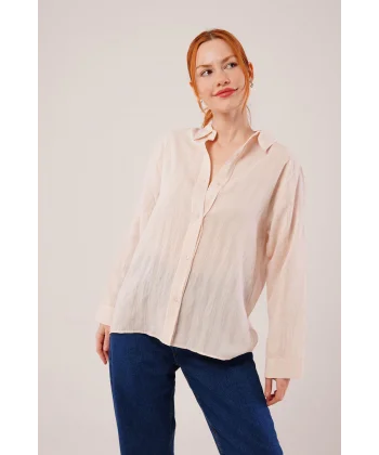 Düğmeli Ve Çizgi Detaylı Krem Gömlek