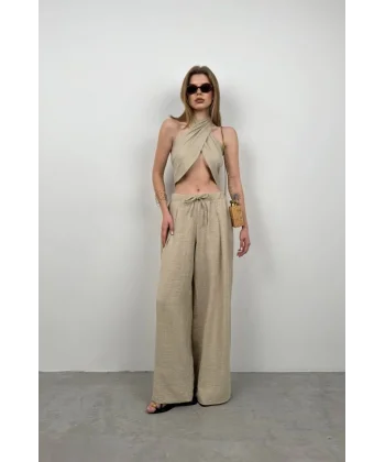 Düşük Bel Oversize Keten Pantolon