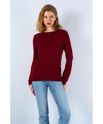 Düz Açık Yaka Kazak  Bordo