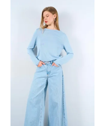 Düz Açık Yaka Kazak - Mavi