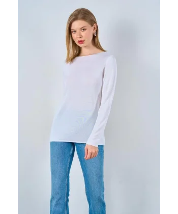 Düz Açık Yaka Kazak  Optik Beyaz