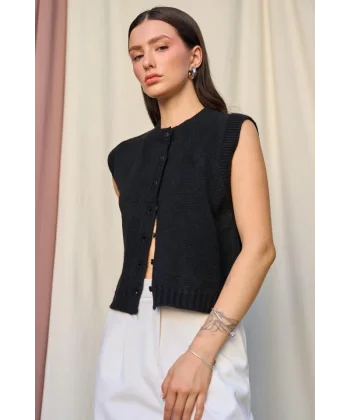 Düz Düğmeli Yelek  Siyah