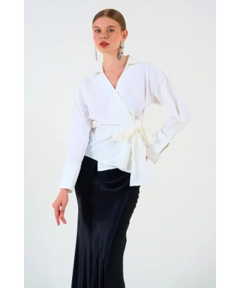 Düz Yandan Bağlamalı Gömlek - Ekru