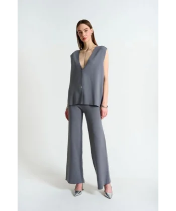 Düz Yelekli Pantolonlu Takım  Gri