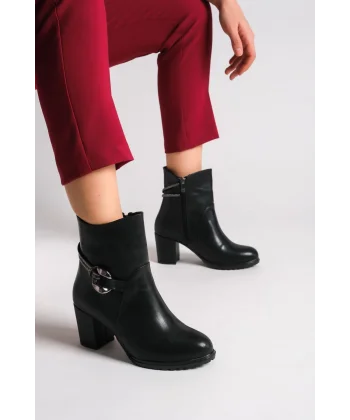 EDNA Fermuarlı Ortopedik Taban Taşlı Topuklu Kadın Bot CST - Siyah