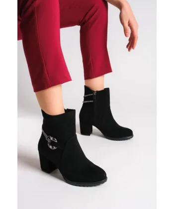 EDNA Fermuarlı Ortopedik Taban Taşlı Topuklu Süet Kadın Bot SST - Siyah