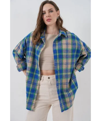 Ekose Desen Oversize Oduncu Gömlek 3854 Mavi Gri