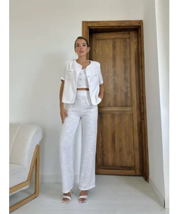 Ekru Askılı Büstiyer Ceket Ve Pantolon Takım