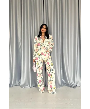 Ekru Baskılı Büstiyer Pantolon Ceket Takım