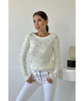 Ekru Boncuklu Triko Kazak