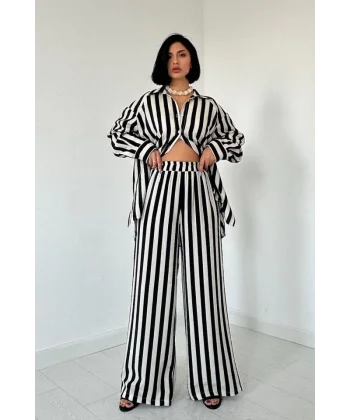 Ekru Çizgili Gömlek Ve Pantolon Takım