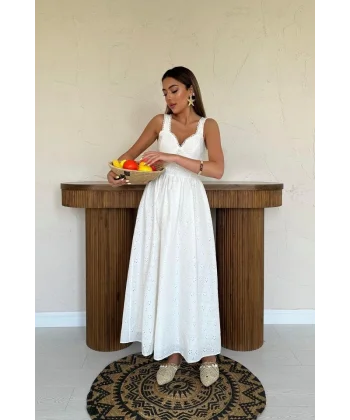 Ekru Dantel Detaylı Askılı Elbise