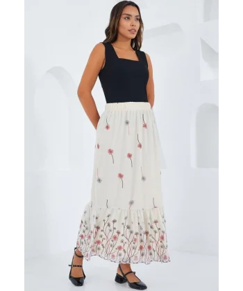 Ekru Desenli Şifon Etek 8010