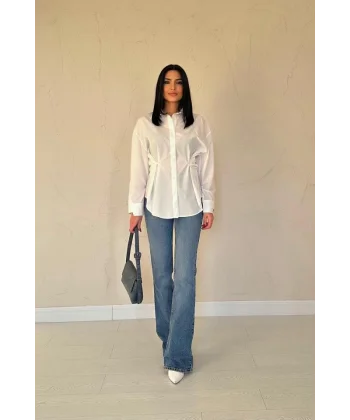 Ekru Düğme Detaylı Gömlek